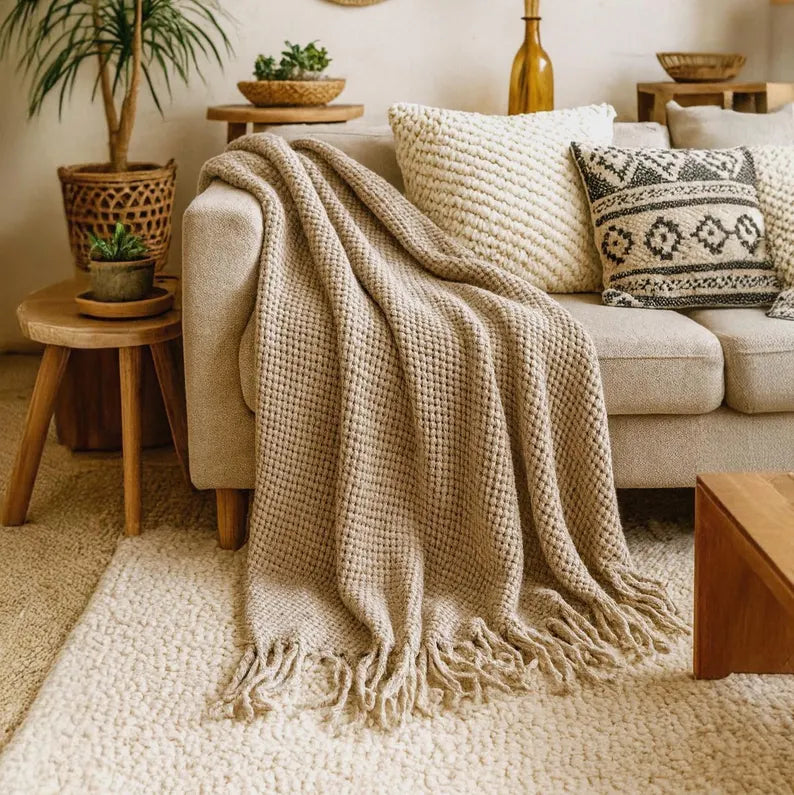 Textured Knit Tassel Throw Blanket